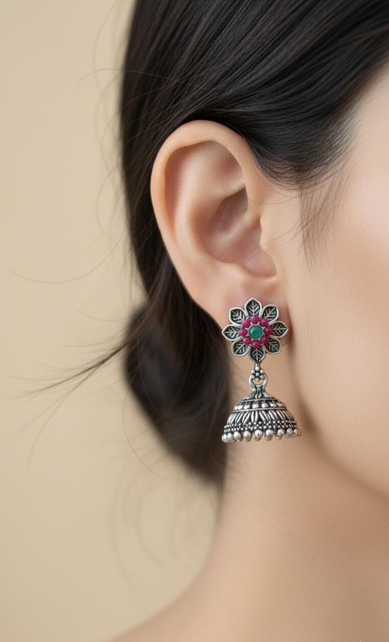 Oxidized Silver Jhumka Earrings