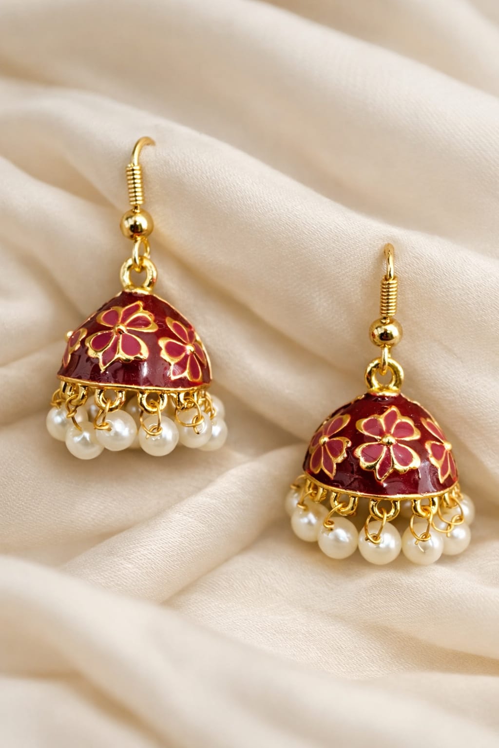 Maroon Enamel Jhumka Earrings