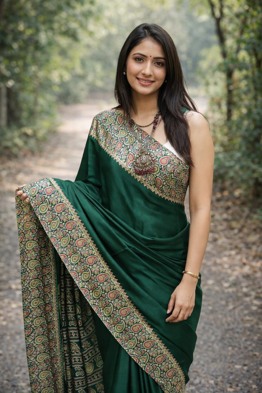AJRAKH Saree Green Crepe Silk Saree