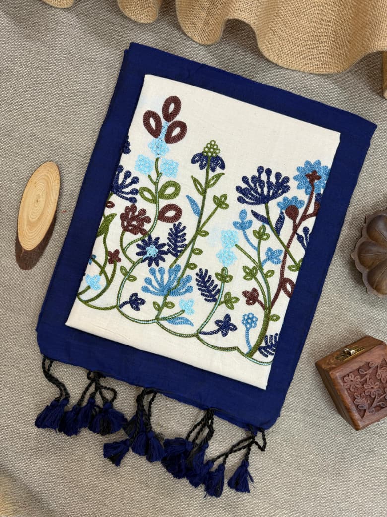 Blue Khadi Cotton Saree with Embroidered Blouse