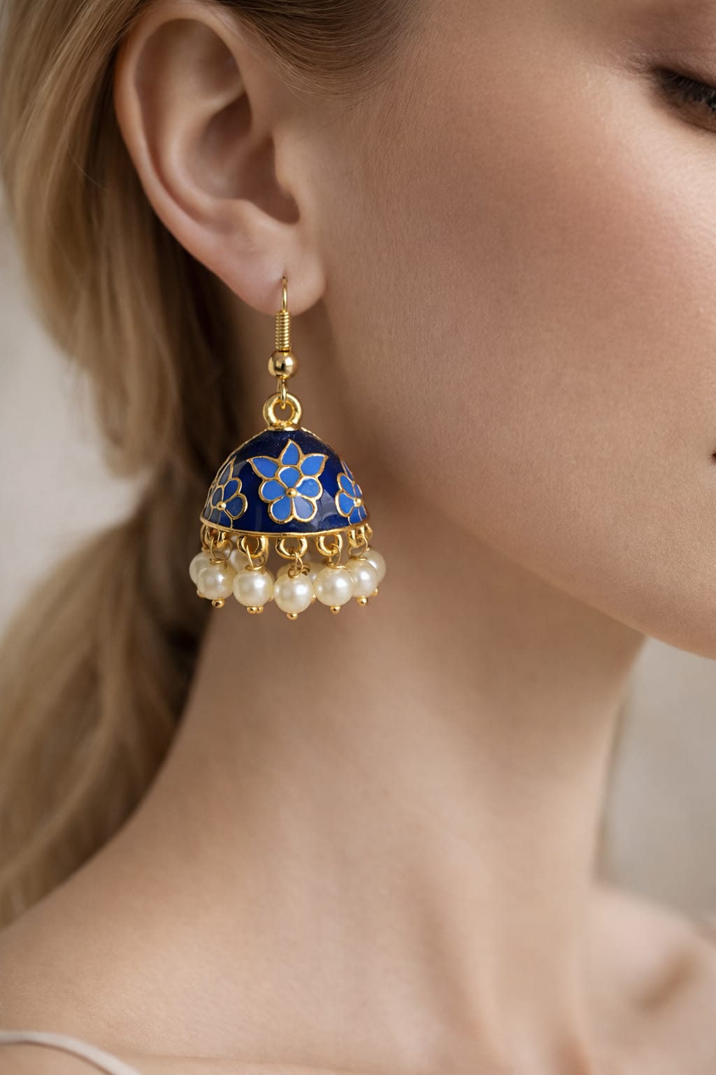 Blue Floral Enamel Jhumka Earring