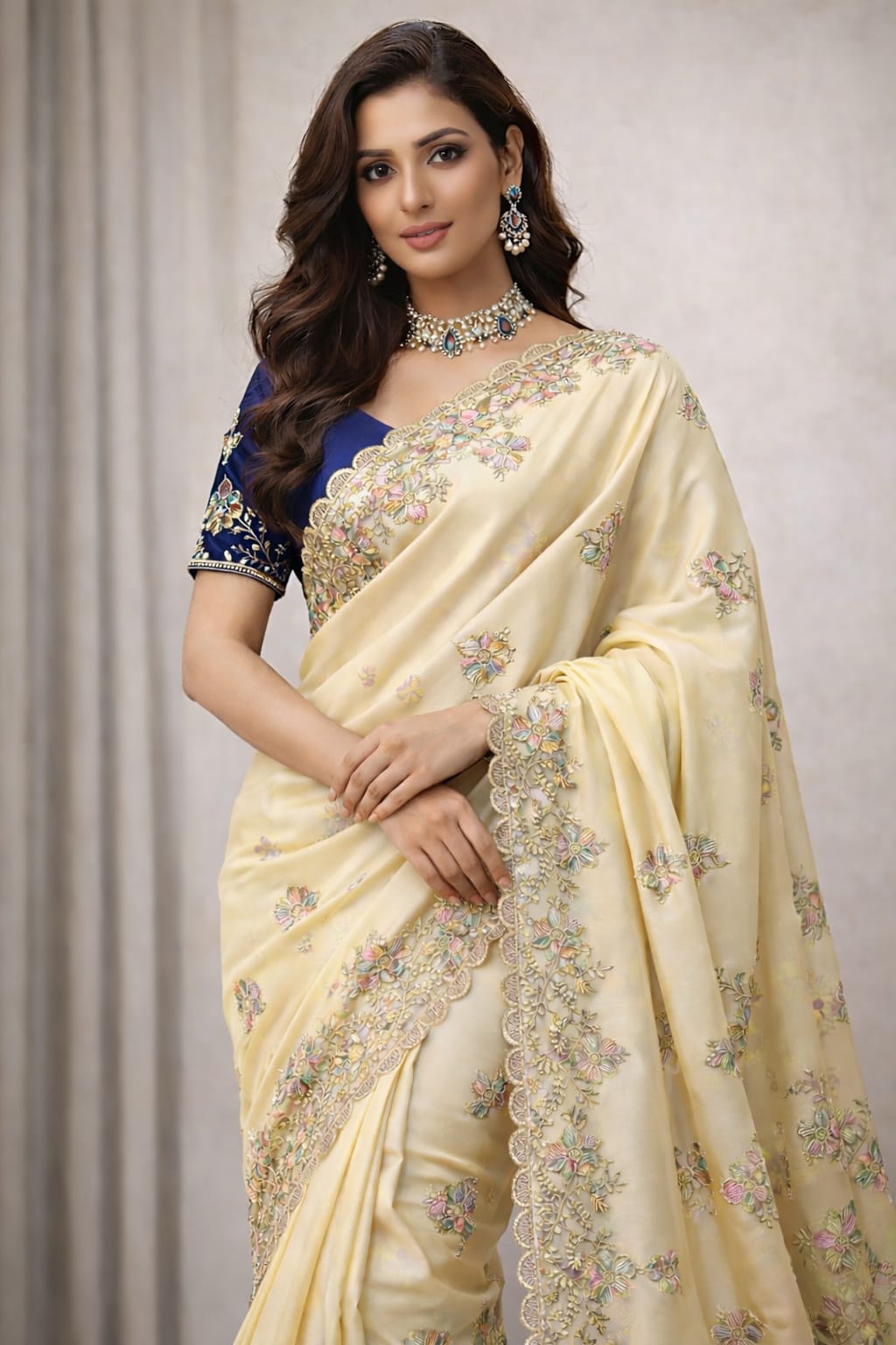 Cream Embroidered Georgette Sarees