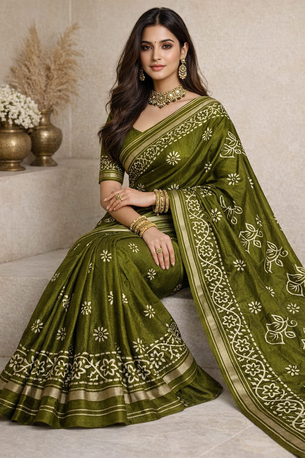  Binny crepe Olive Green Printed Saree