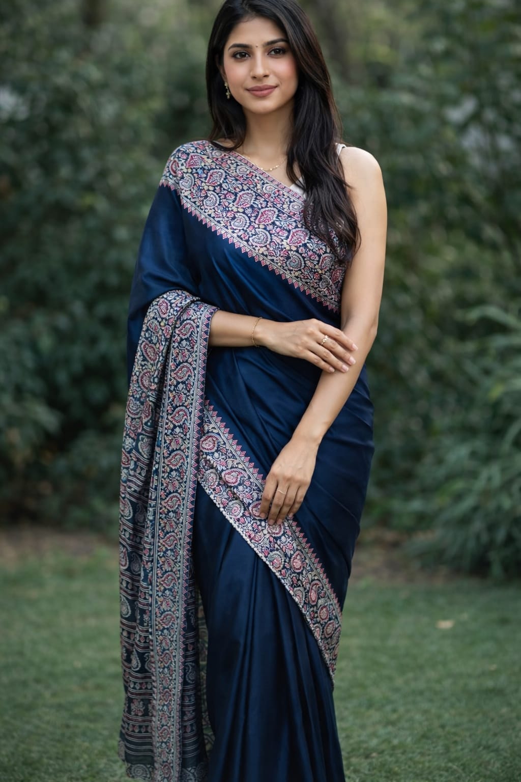 AJRAKH Saree Navy Blue Crepe Silk Saree