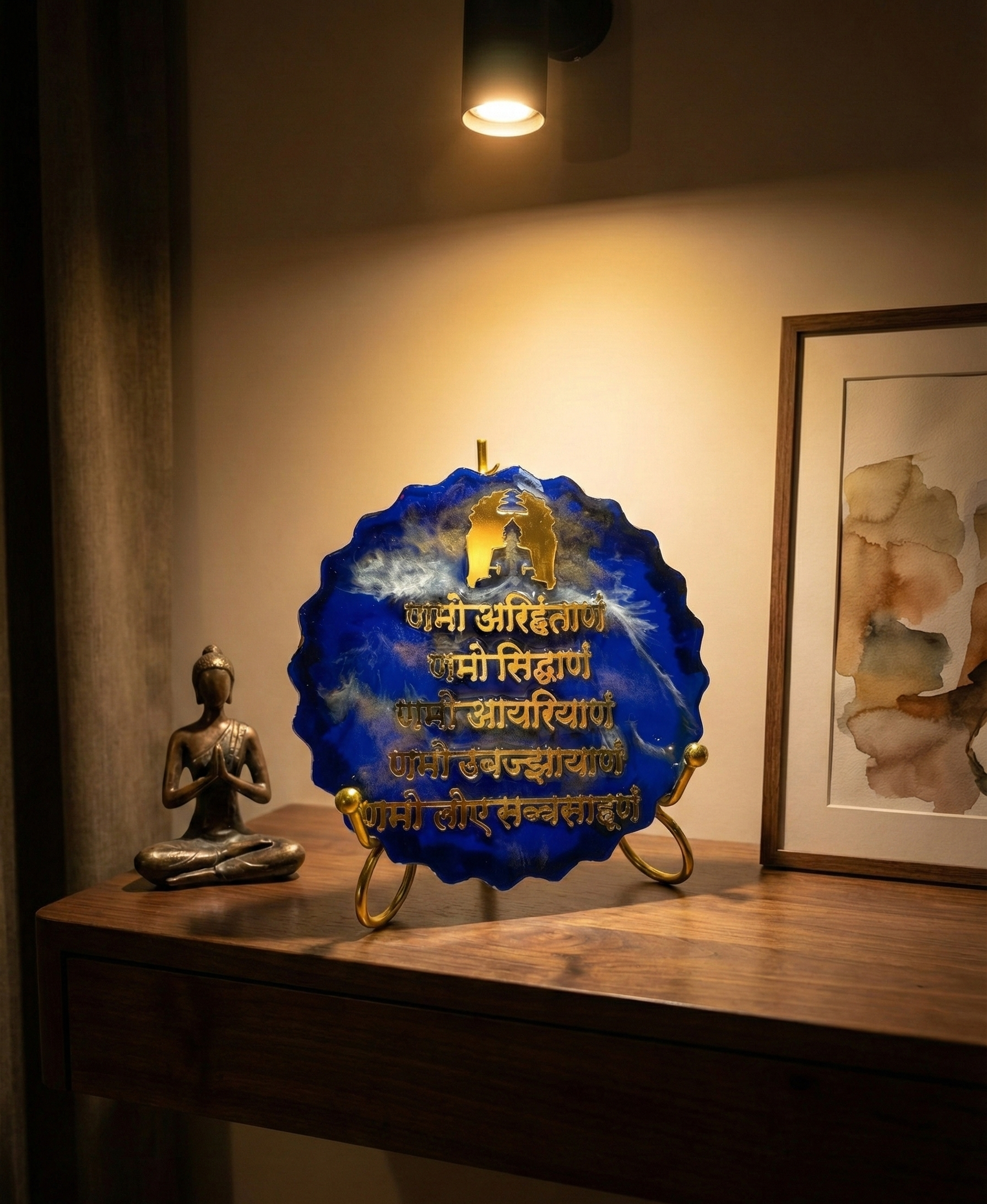 Royal Blue & Gold Resin Namokar Mantra Plaque – Handcrafted Jain Devotional Art with Golden Stand