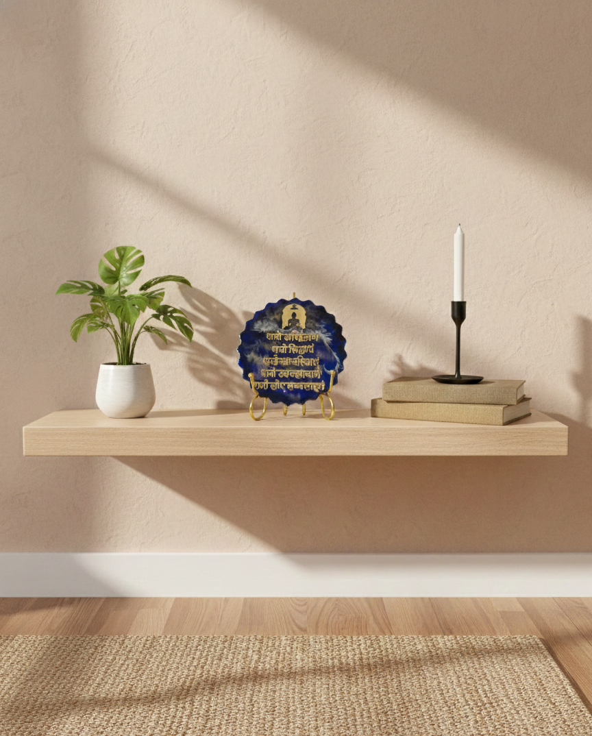 Royal Blue & Gold Resin Namokar Mantra Plaque – Handcrafted Jain Devotional Art with Golden Stand