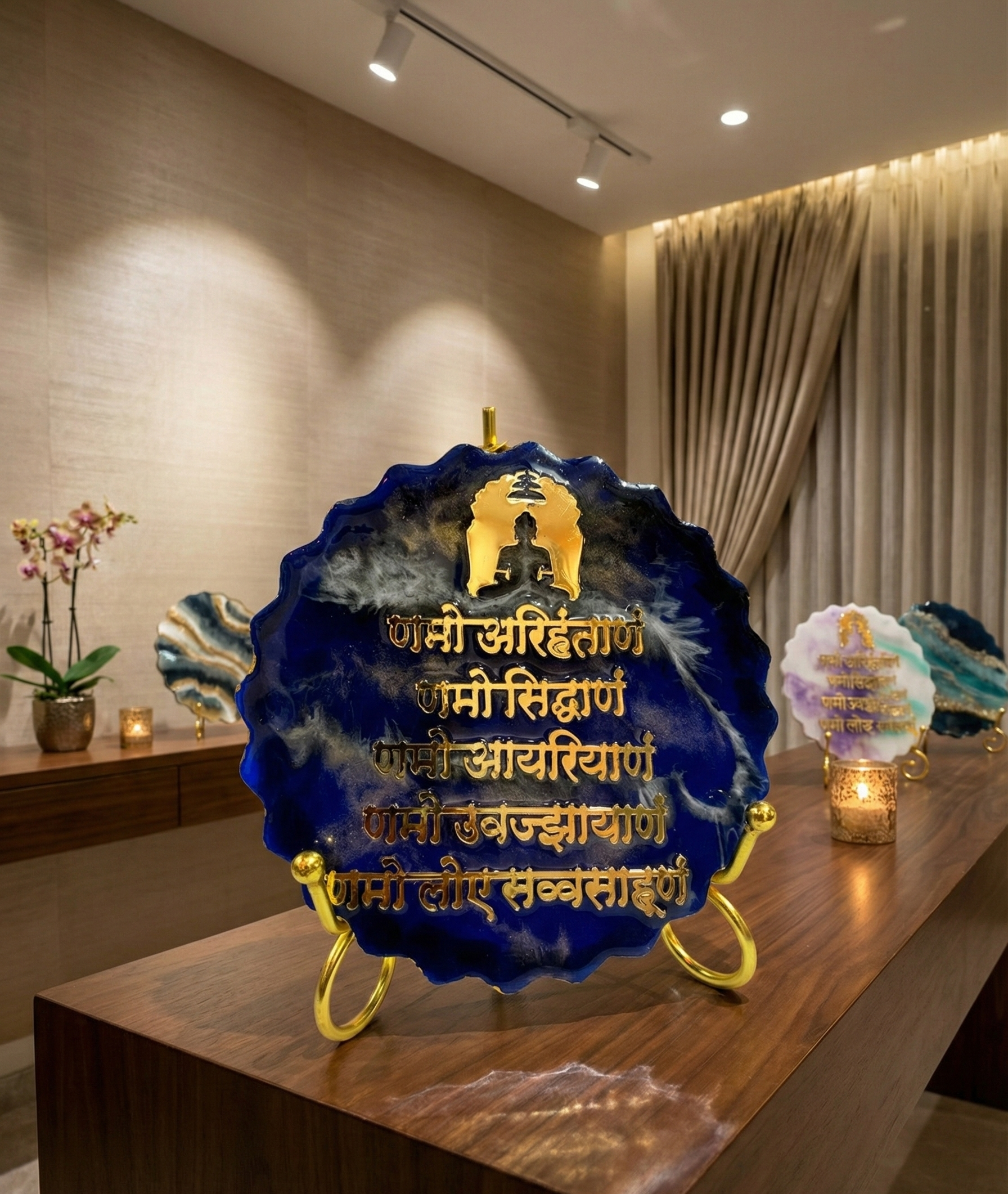 Royal Blue & Gold Resin Namokar Mantra Plaque – Handcrafted Jain Devotional Art with Golden Stand