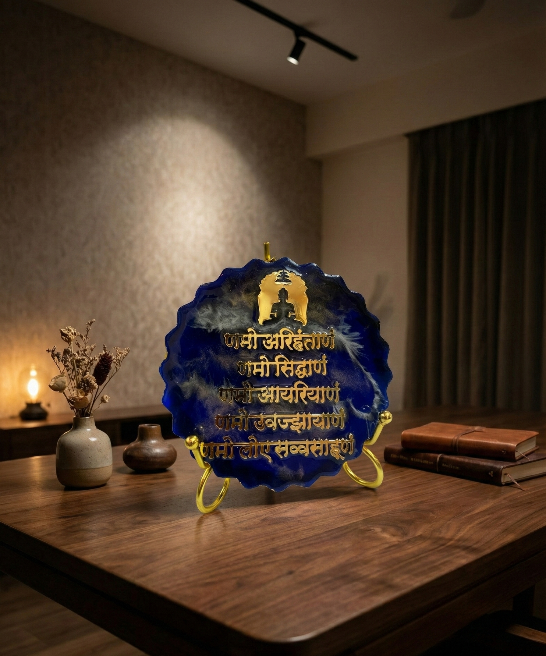 Royal Blue & Gold Resin Namokar Mantra Plaque – Handcrafted Jain Devotional Art with Golden Stand