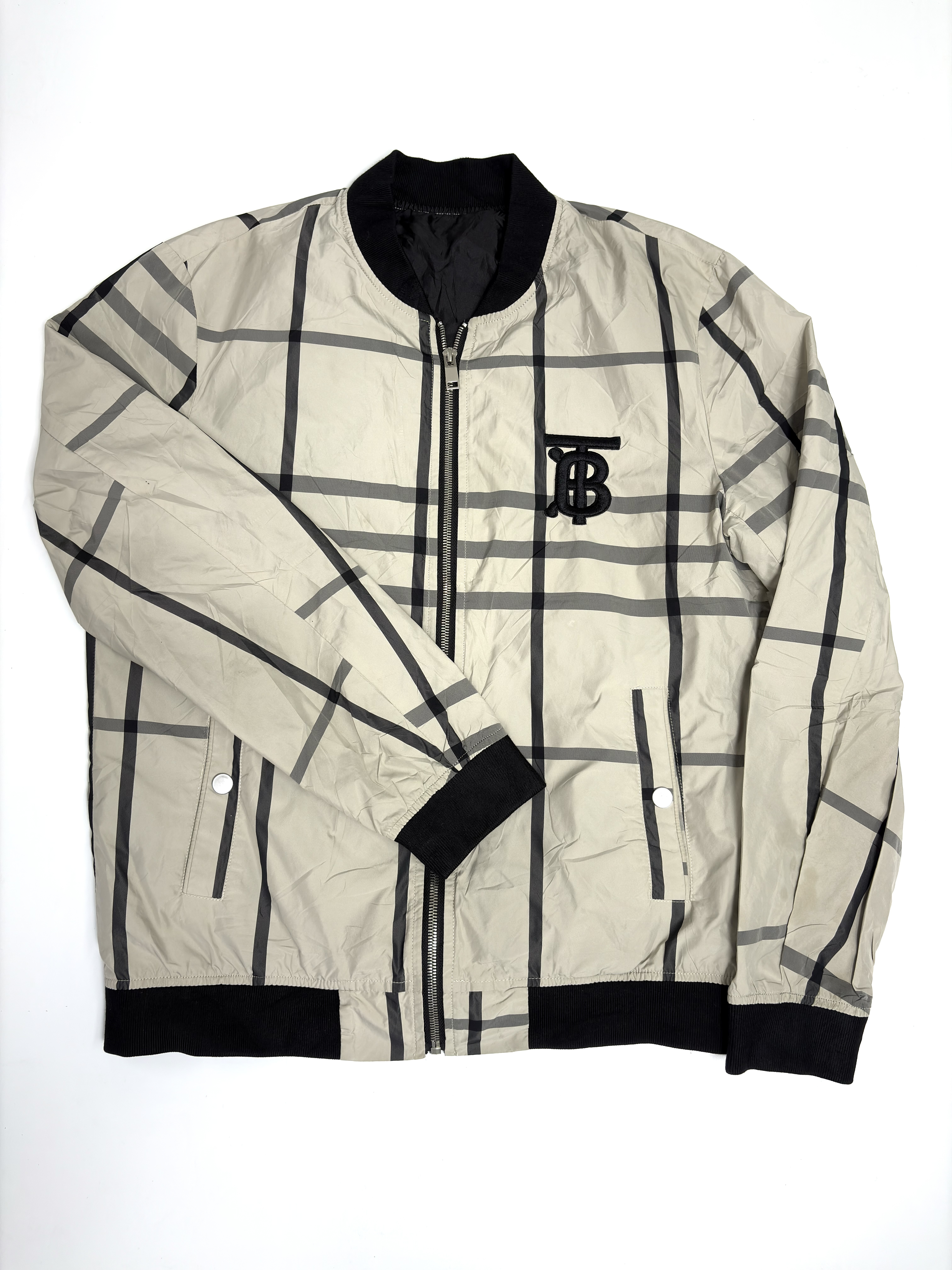 Beige Checkered Bomber Jacket