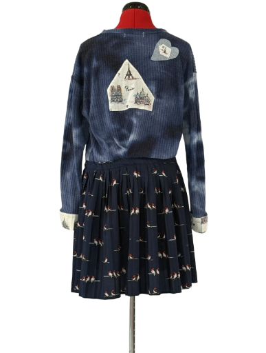 Navy Blue Pleated Dress with Heart Appliqué