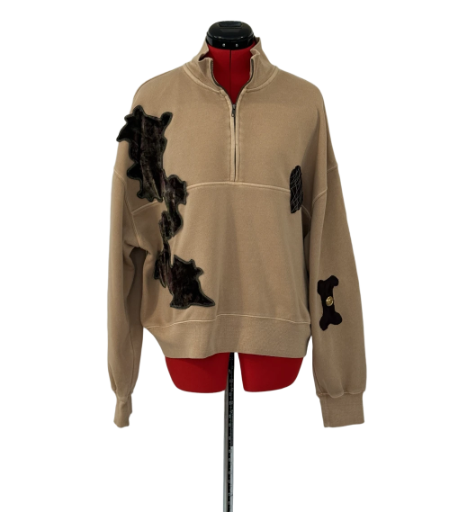 Beige Half-Zip Sweatshirt with Velvet Patches