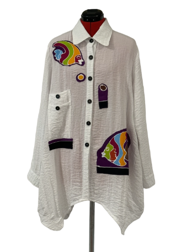 Artistic Fish Appliqué Oversized Shirt