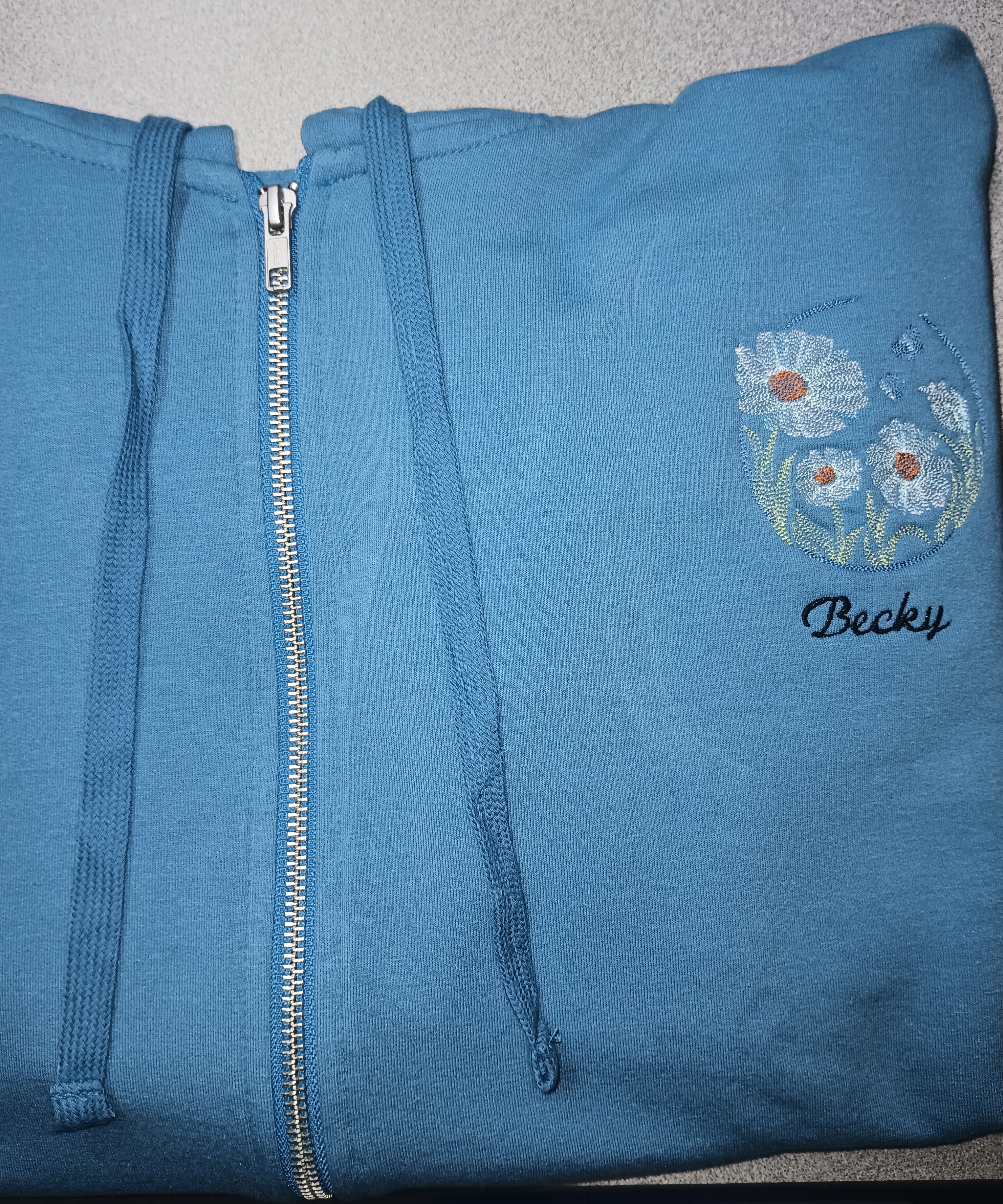 Blue Zip-Up Hoodie with Floral Embroidery