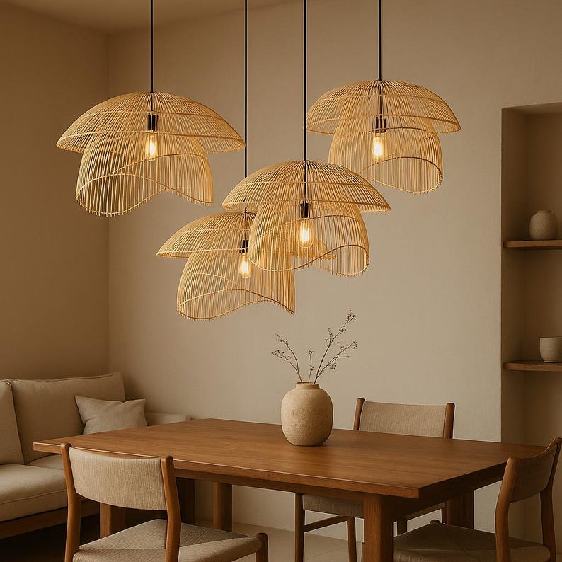 Bamboo Lamps, Cane Webbing Lamp Bamboo Rattan Pendant Light, Woven Lattice Lampshade, Ceiling Light for Bedroom, Dining Table or Living Room