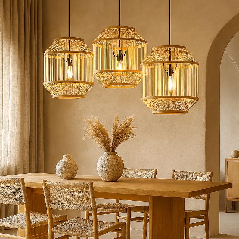 Handmade Bamboo Rattan Pendant Light Š Boho Farmhouse Ceiling Lamp, Eco-Friendly Wicker lampshade, Natural Cane Hanging Light
