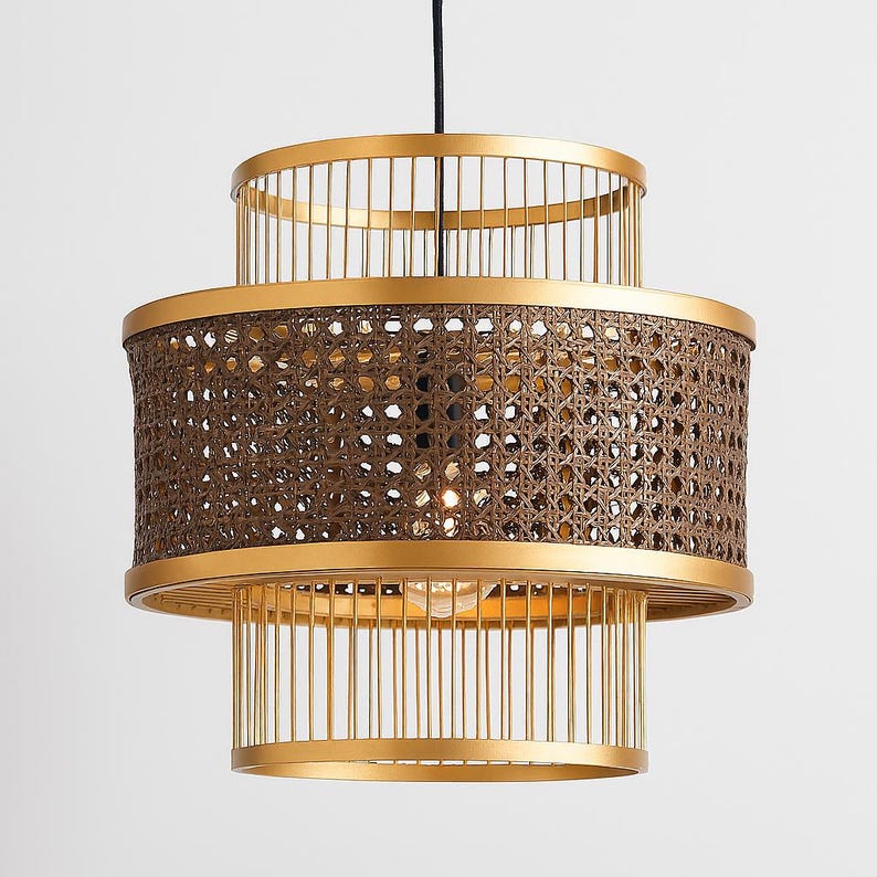 Bamboo Lamps, Cane Webbing Lamp Bamboo Rattan Pendant Light, Woven Lattice Lampshade, Ceiling Light for Bedroom, Dining Table or Living Room