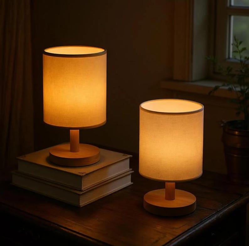 Handmade Bamboo Table Lamp Š Japanese & Chinese Style LED Light Š Linen Shade Desk Lamp USB Powered Minimalist Decor