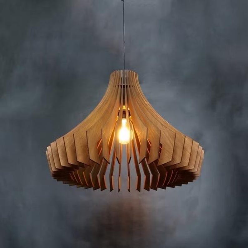 Cone-shaped wooden ceiling lamp decorates living rooms, bars and cafes