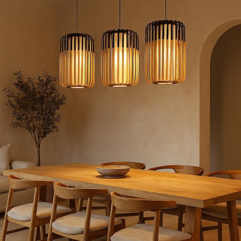 Bamboo Ceiling Pendant Lamp | Modern Handwoven Lampshade | Boho Cafe Light Fixture | Rattan Style Hanging Light | Living and Dining room