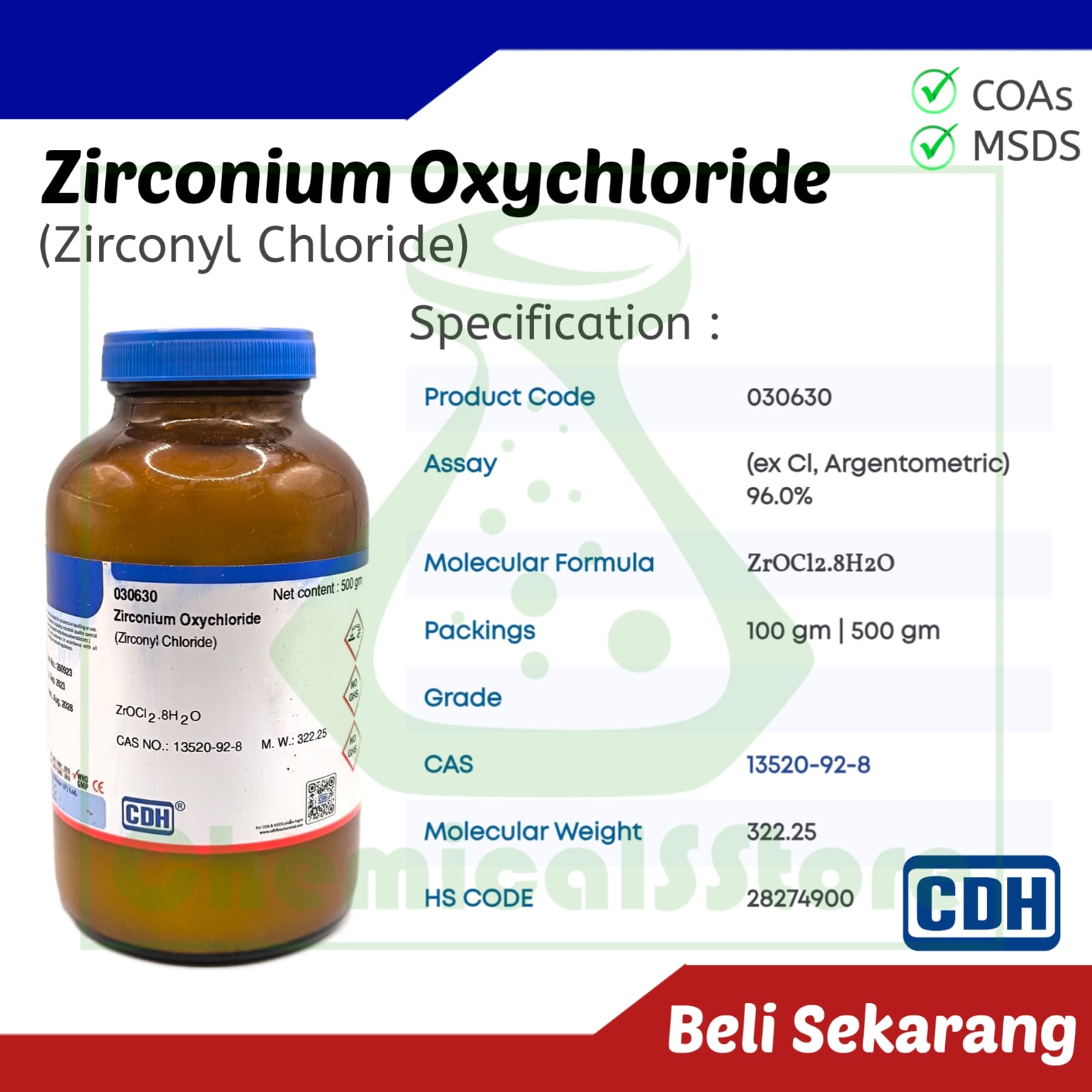Zirkonium Oksiklorida | Zirconium oxychloride CDH 500g