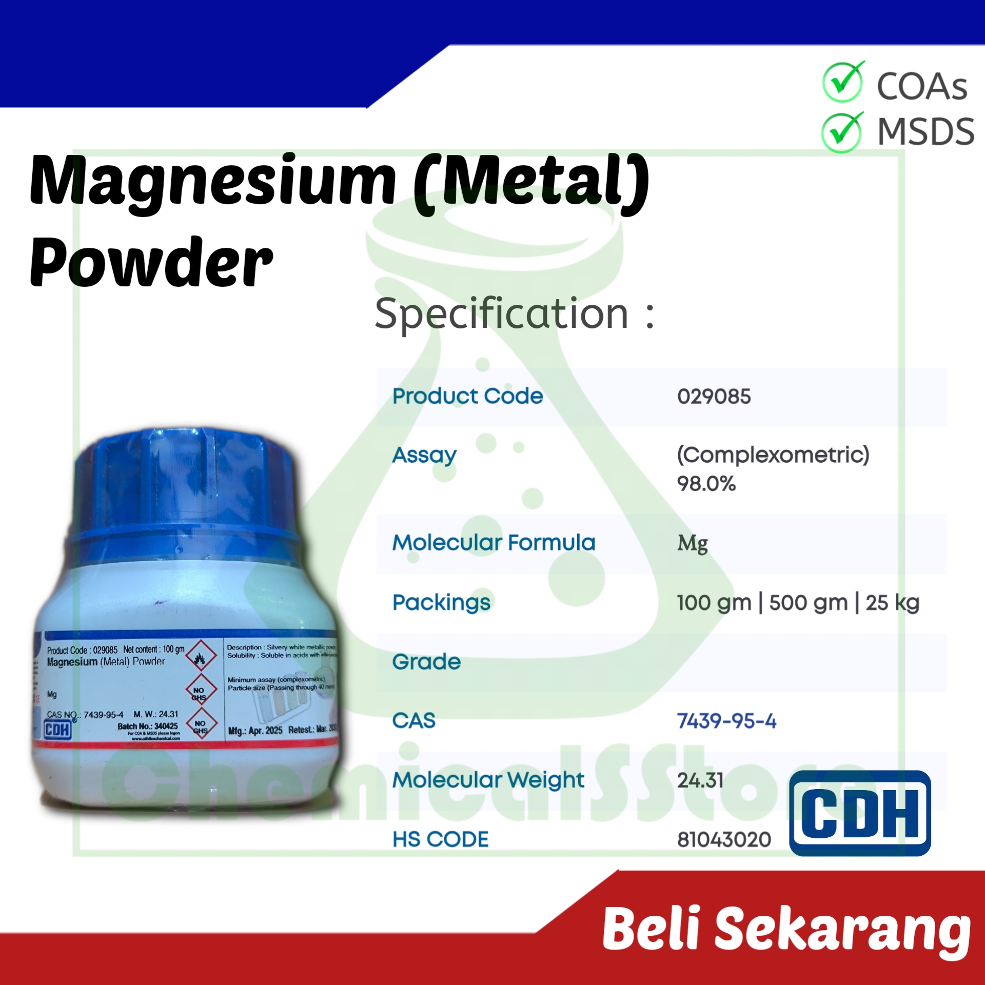 Magnesium (Metal) Powder | CDH 100g