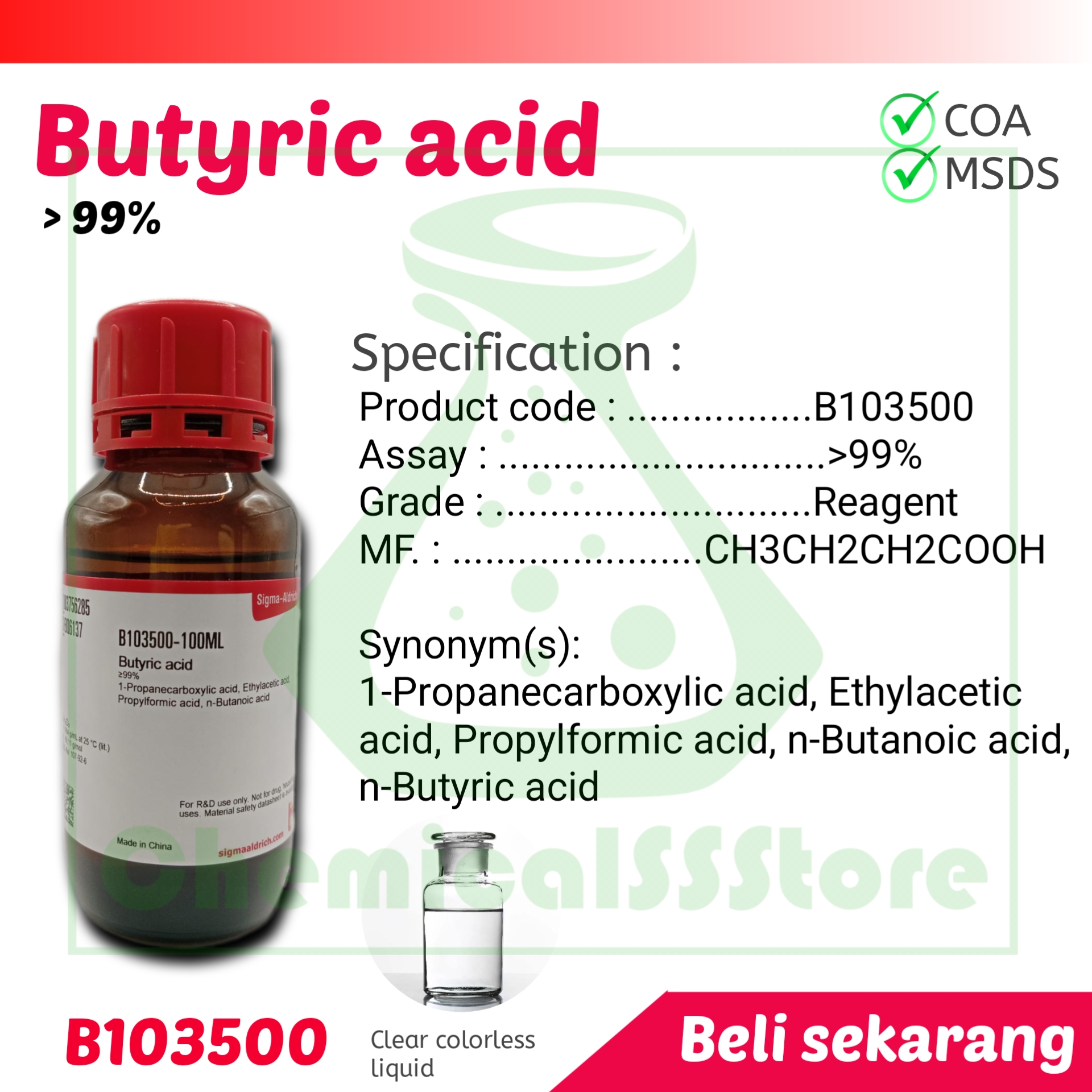 Butyric acid ≥99% | CH3CH2CH2COOH | Sigmaaldrich 100ml