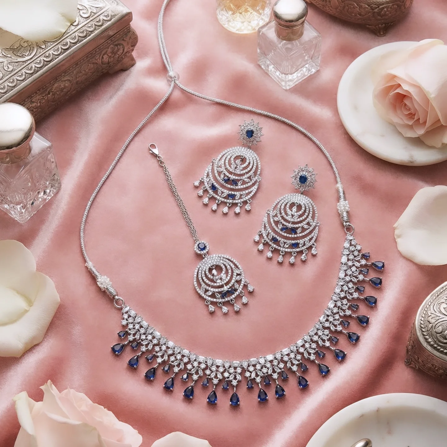 AD Elegant Silver and Blue Jewelry Set