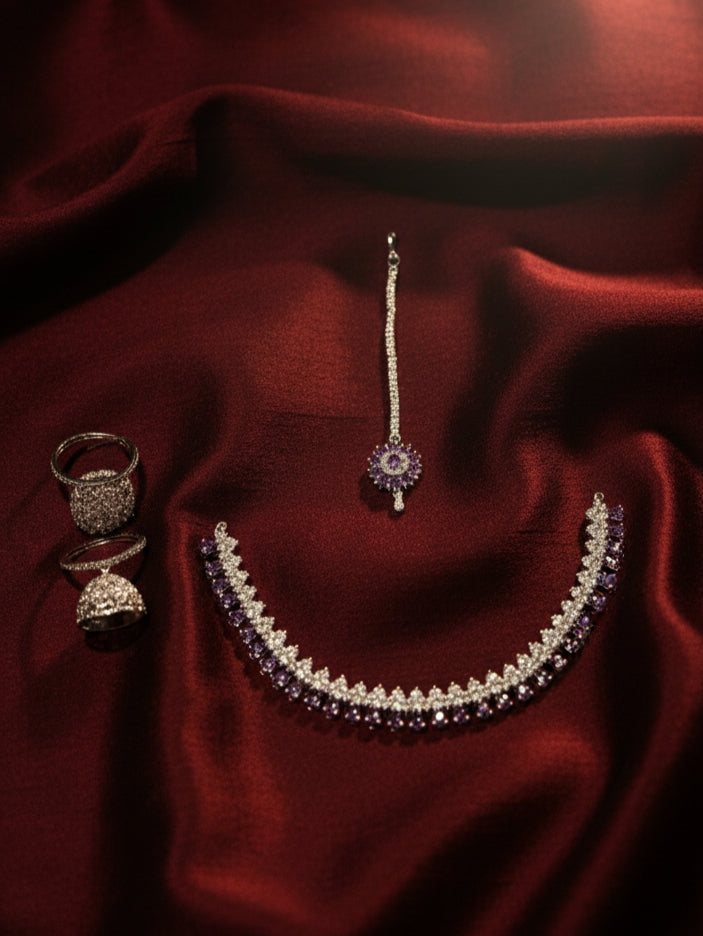 Elegant Purple stone American diamond jewellery set 