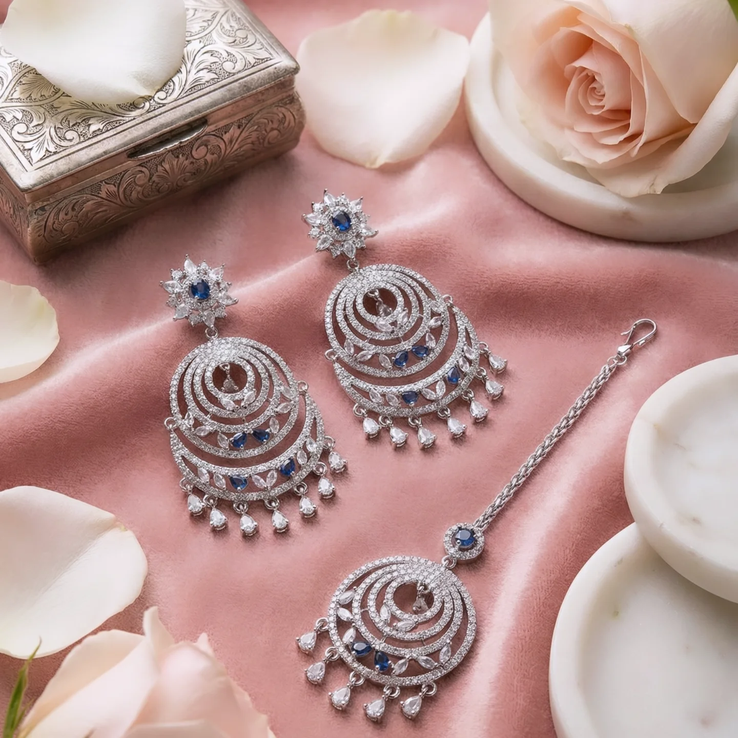 AD Elegant Silver and Blue Jewelry Set