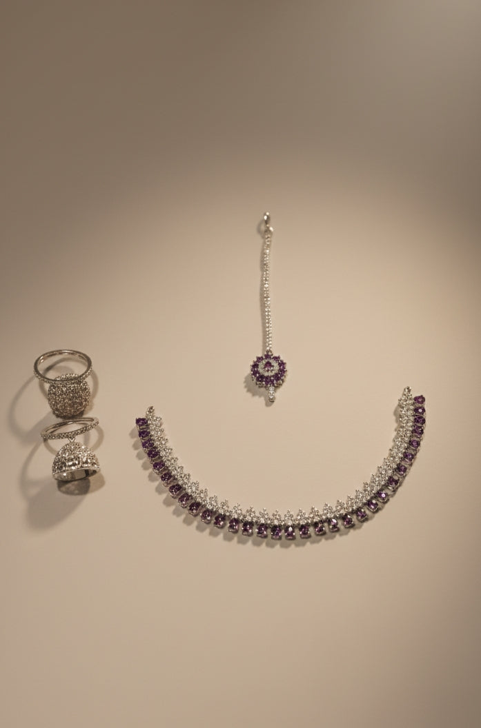 Elegant Purple stone American diamond jewellery set