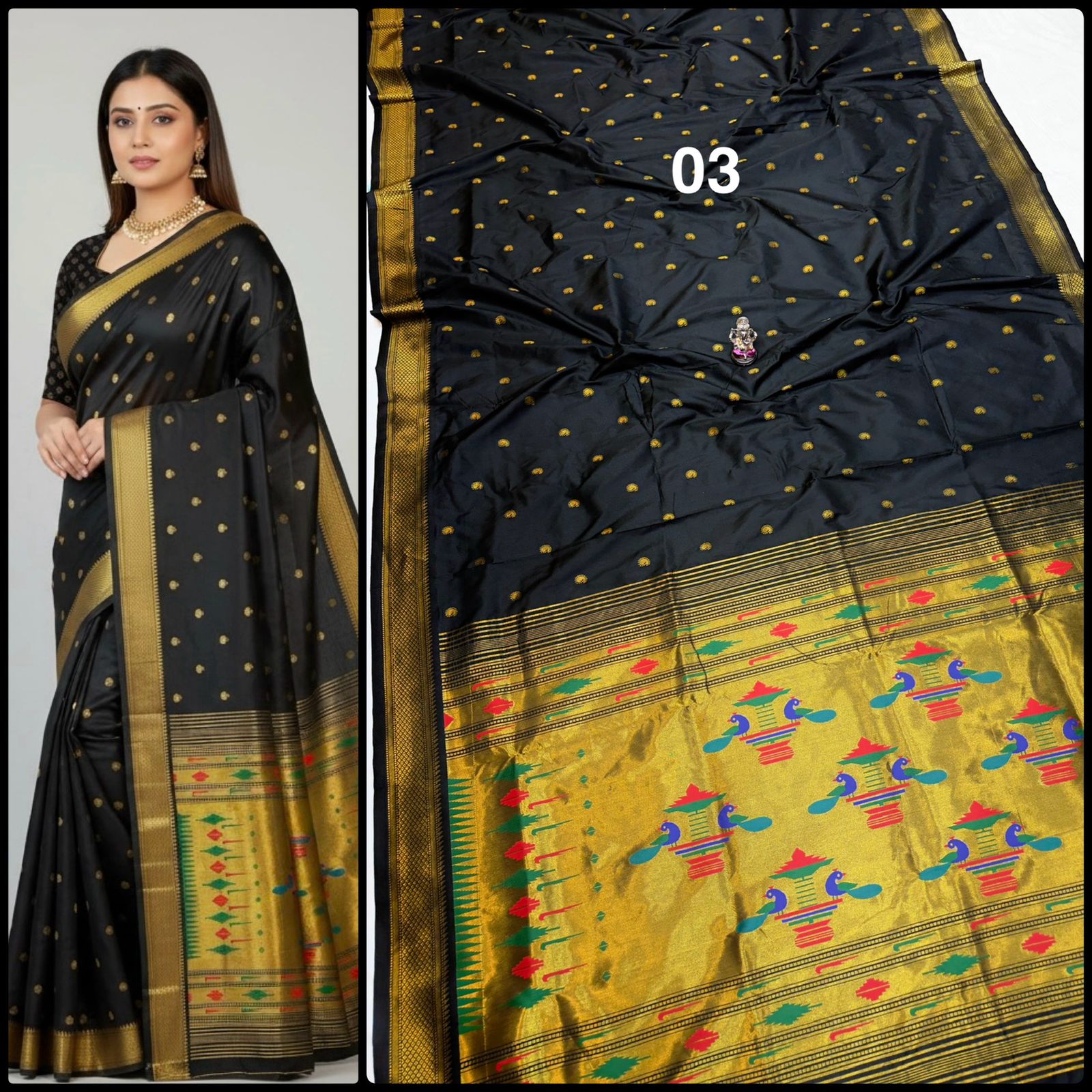Elegant Black Paithani Silk Saree with zari borger 3000/- + Shipping