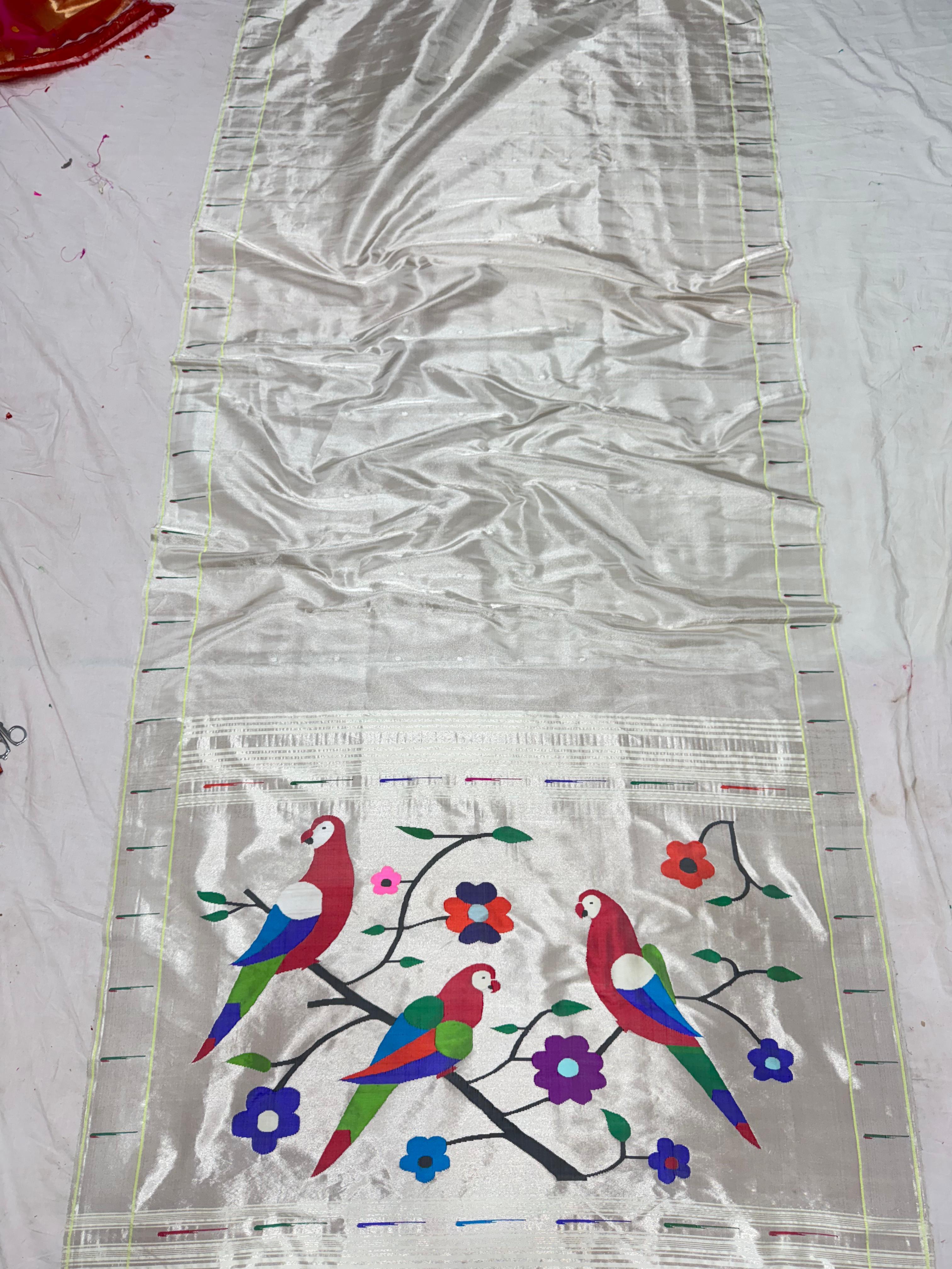 Handwoven Muniya Paithani Silk Saree with Parrot Motif on Pallu 38000/-