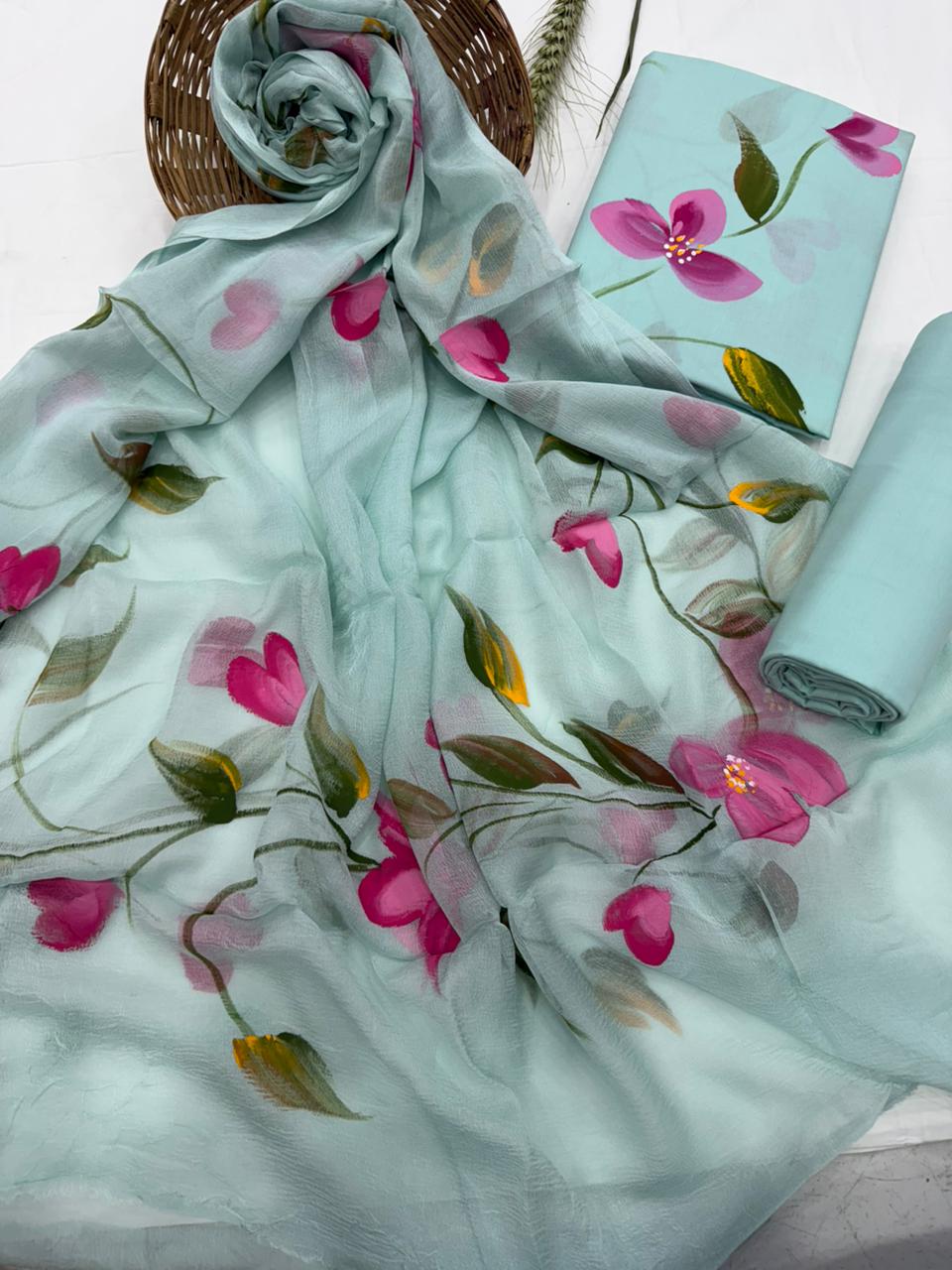 Mint Green Floral Organza Suit set with multiple colors and design 1100/- + shipping