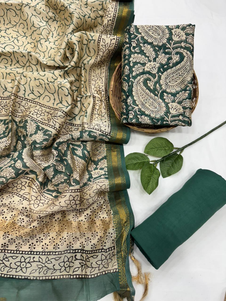 Elegant Green and Beige Printed Maheshwari Suit Set 2200/- + Shipping