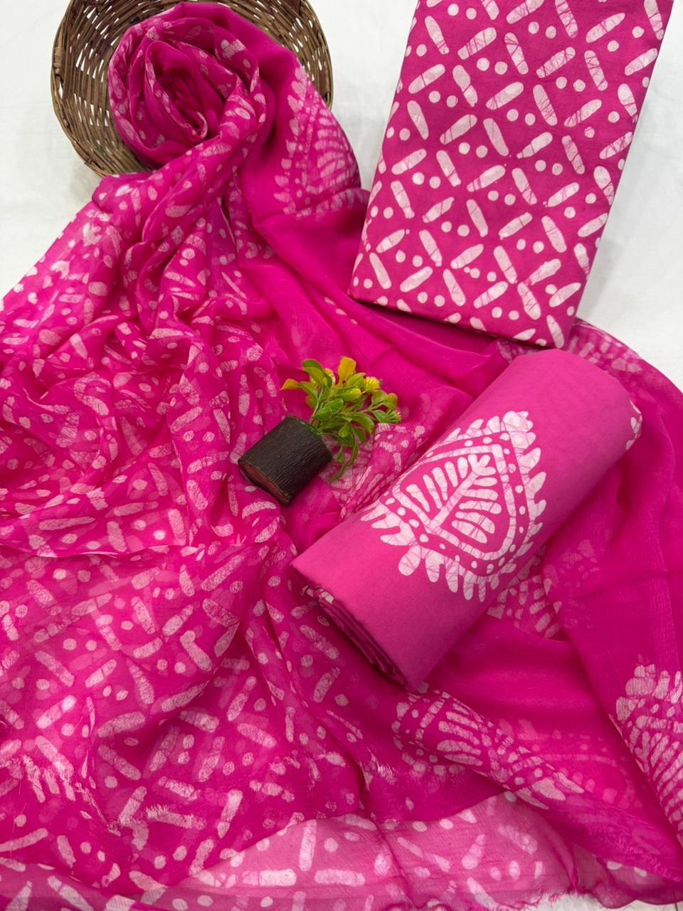 Elegant Handblock Printed Cotton Suit with Chiffon Dupatta 1200/- + Shipping