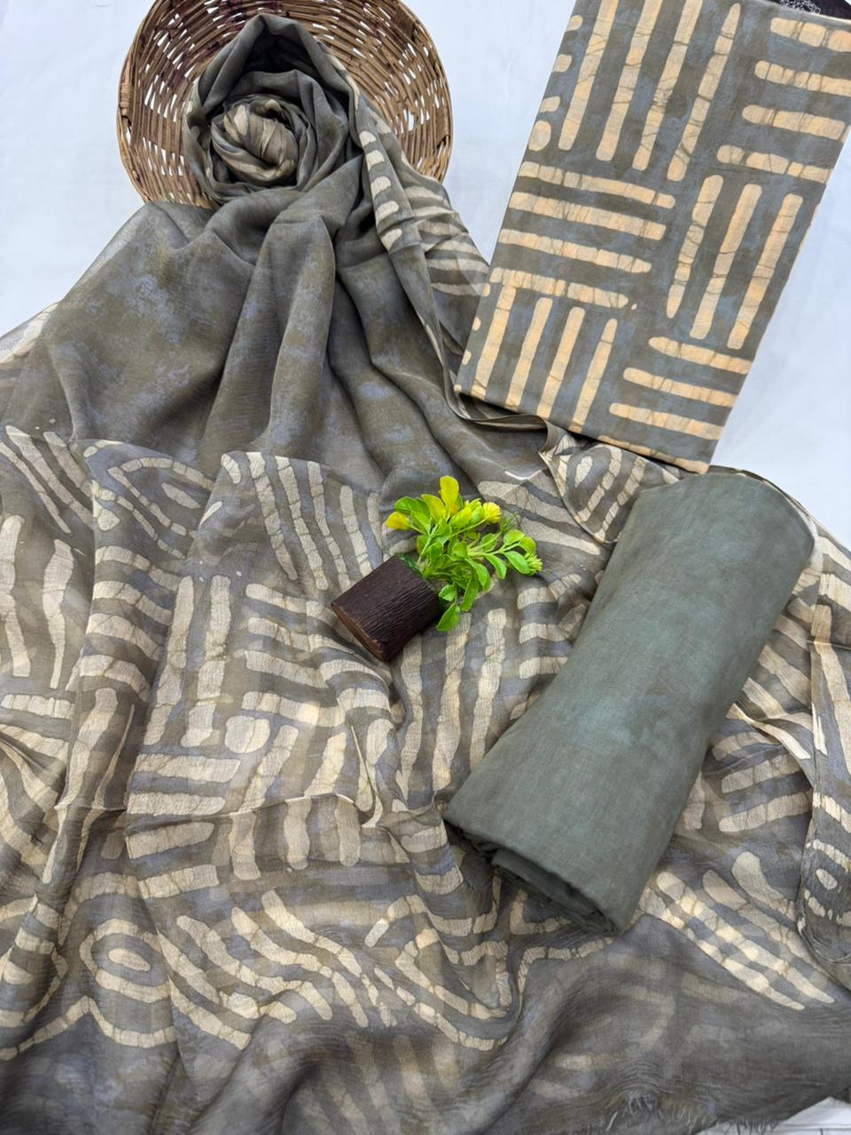 Elegant Hand-block Printed Cotton Suit with Chiffon Dupatta 1200/- + Shipping