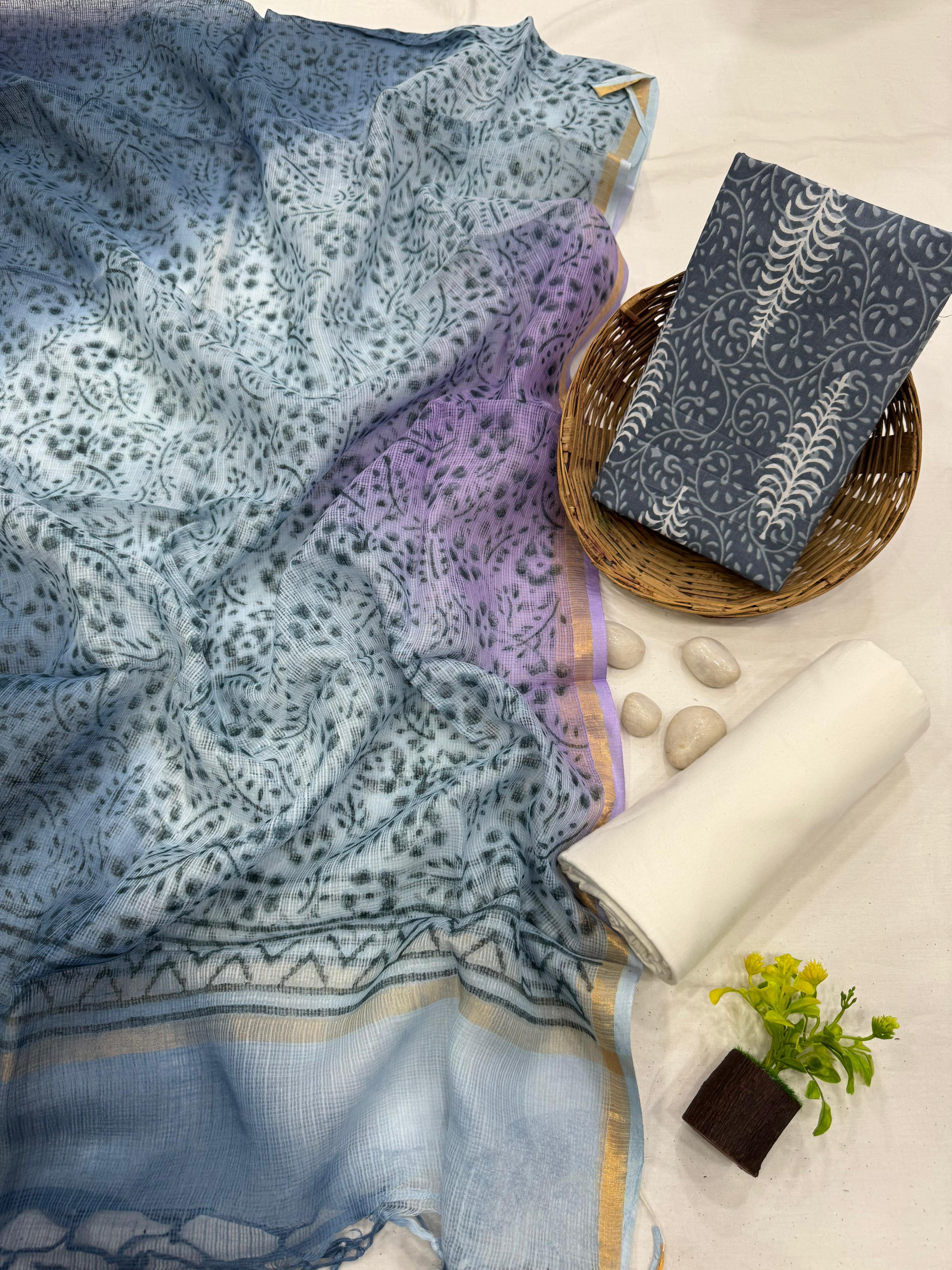 Elegant Printed Cotton Suit set with Kota Doria dupatta 1600/- + Shipping