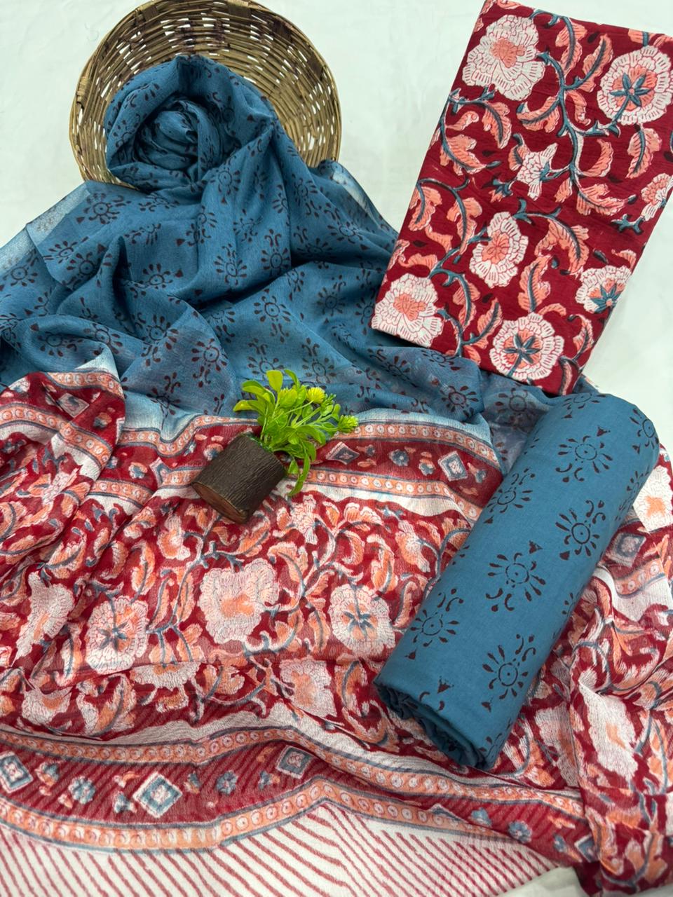 Elegant Handblock Printed Cotton Suit with Chiffon Dupatta 1200/- + Shipping