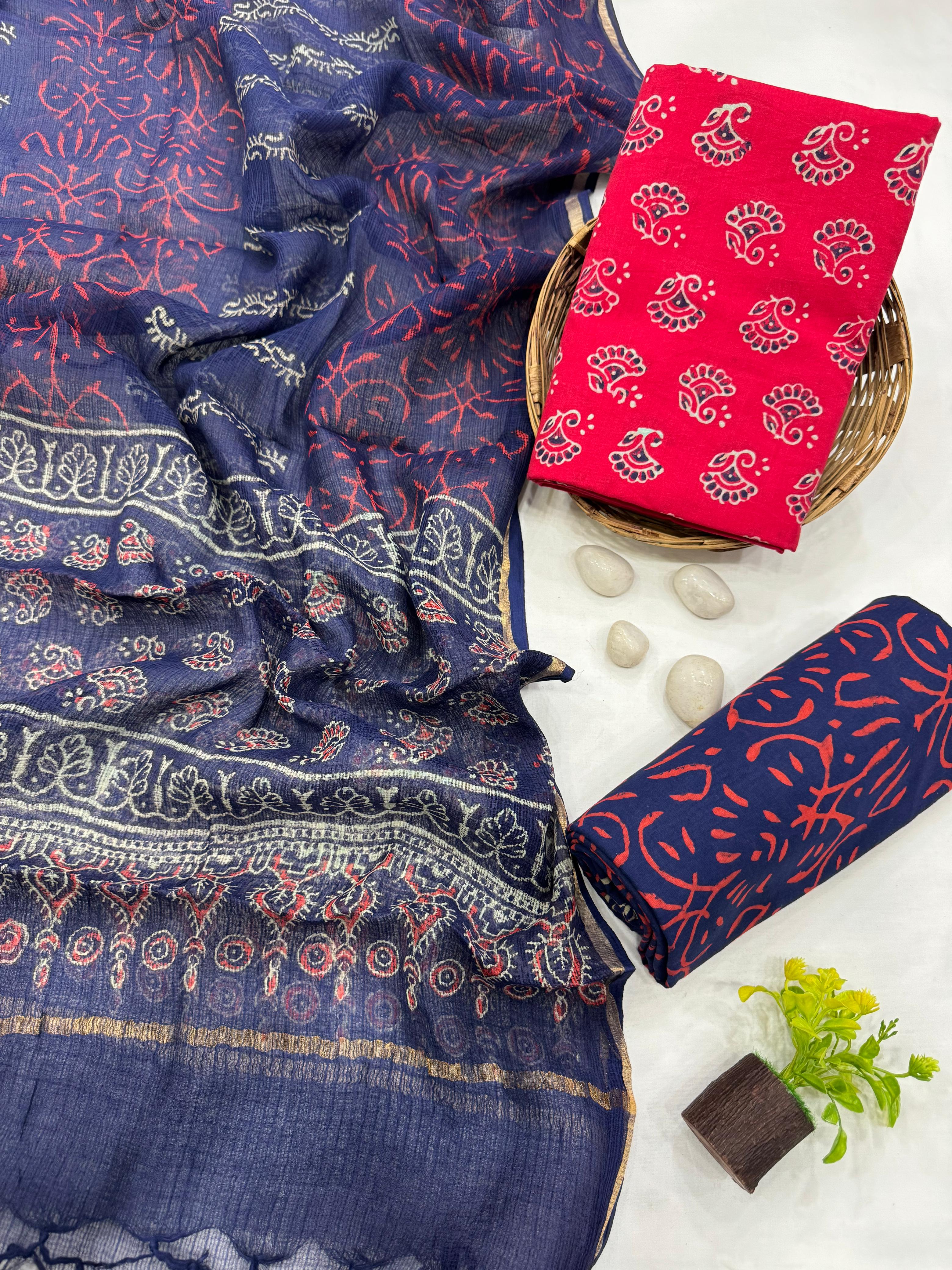 Traditional Printed Cotton Suit Set with Kota Doria Dupatta 1600/- + Shipping
