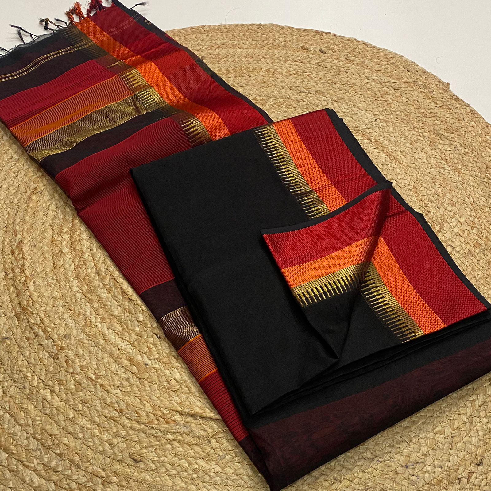 Traditional Multi-Resham border Maheshwari handloom saree in black colour 3500/- + Shipping