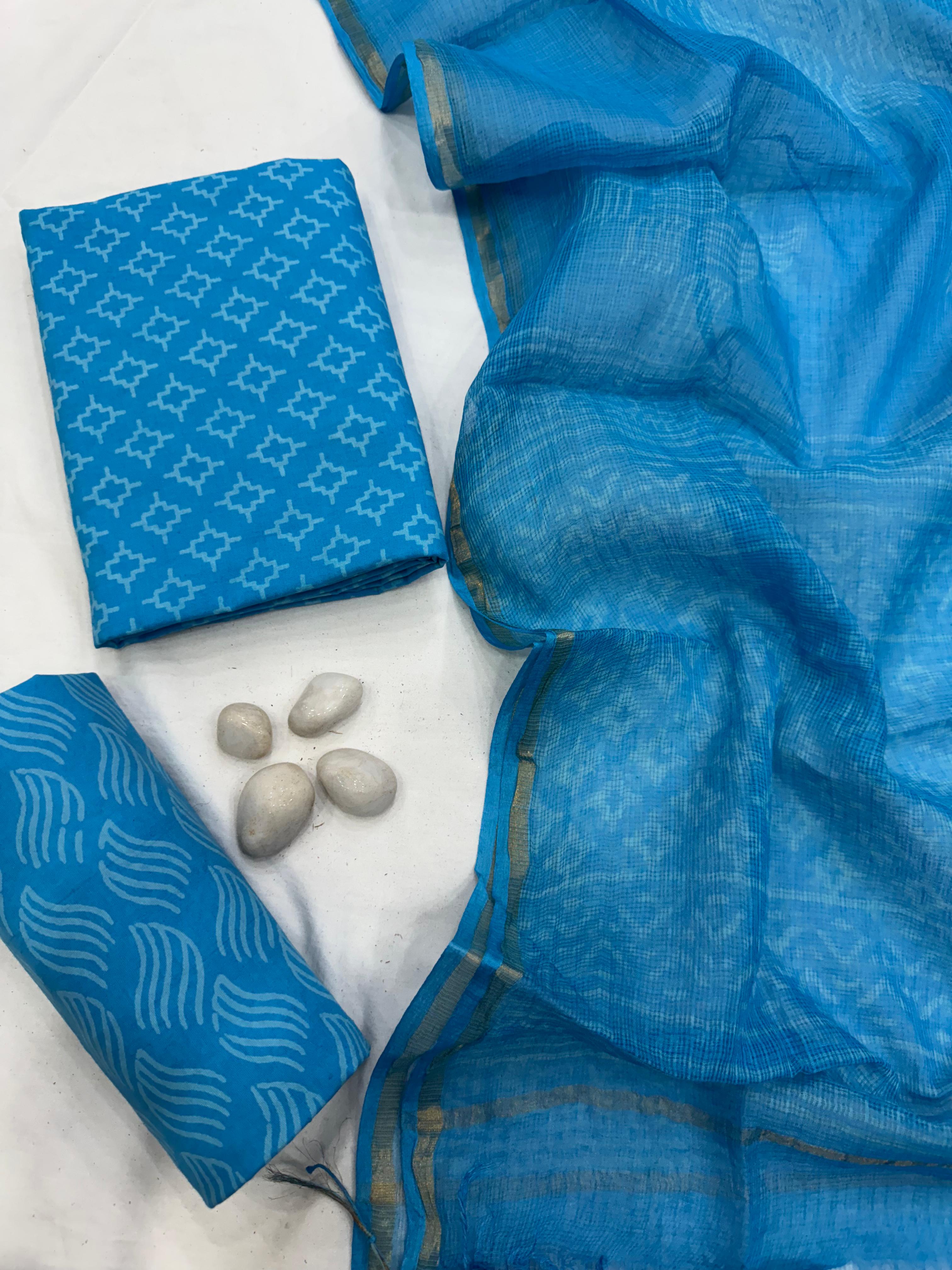 Blue Cotton Printed Cotton Suit With Kota Doria dupatta 1600/- + Shipping