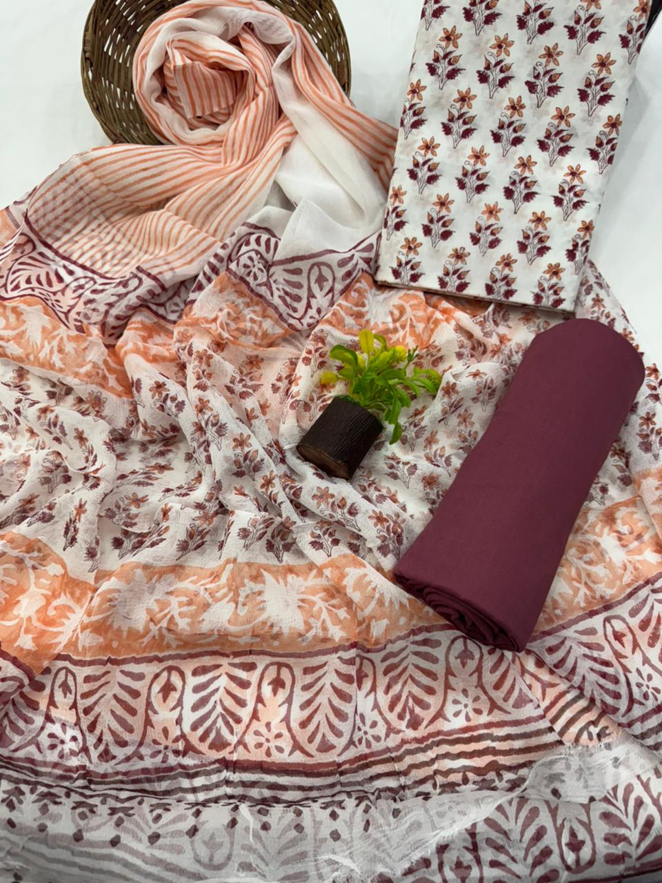 Elegant Handblock Printed Cotton Suit with Chiffon Dupatta 1200/- + Shipping