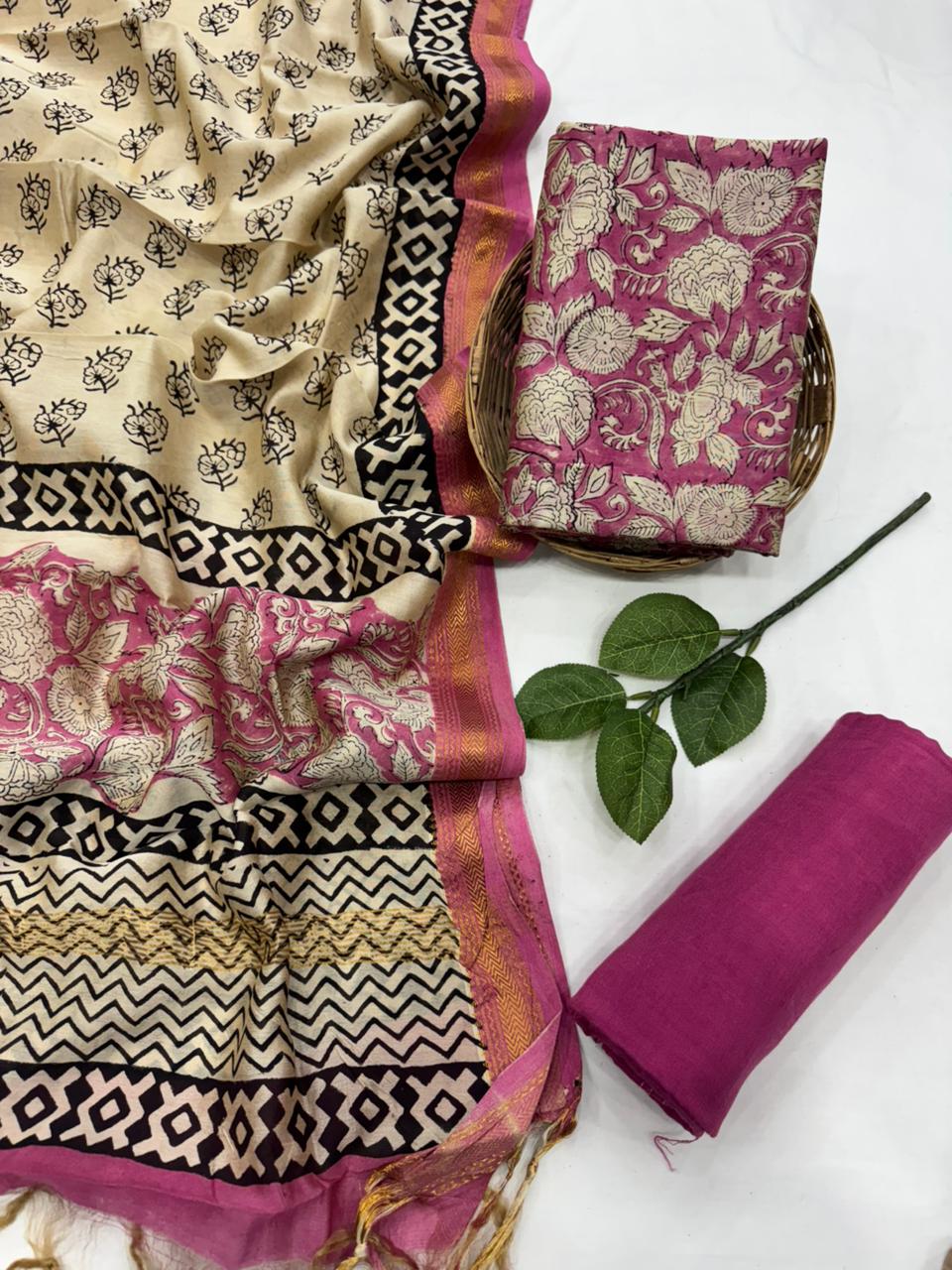 Exclusive maheshwari silk suit set with santoon pajama and pure maheshwari silk dupatta @2200+shipping