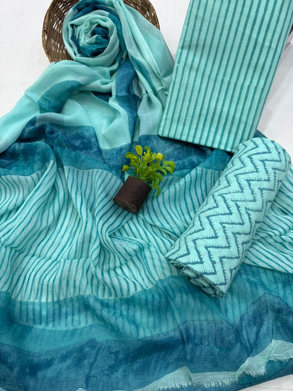 Elegant Handblock Printed Cotton Suit with Chiffon Dupatta 1200/- + Shipping