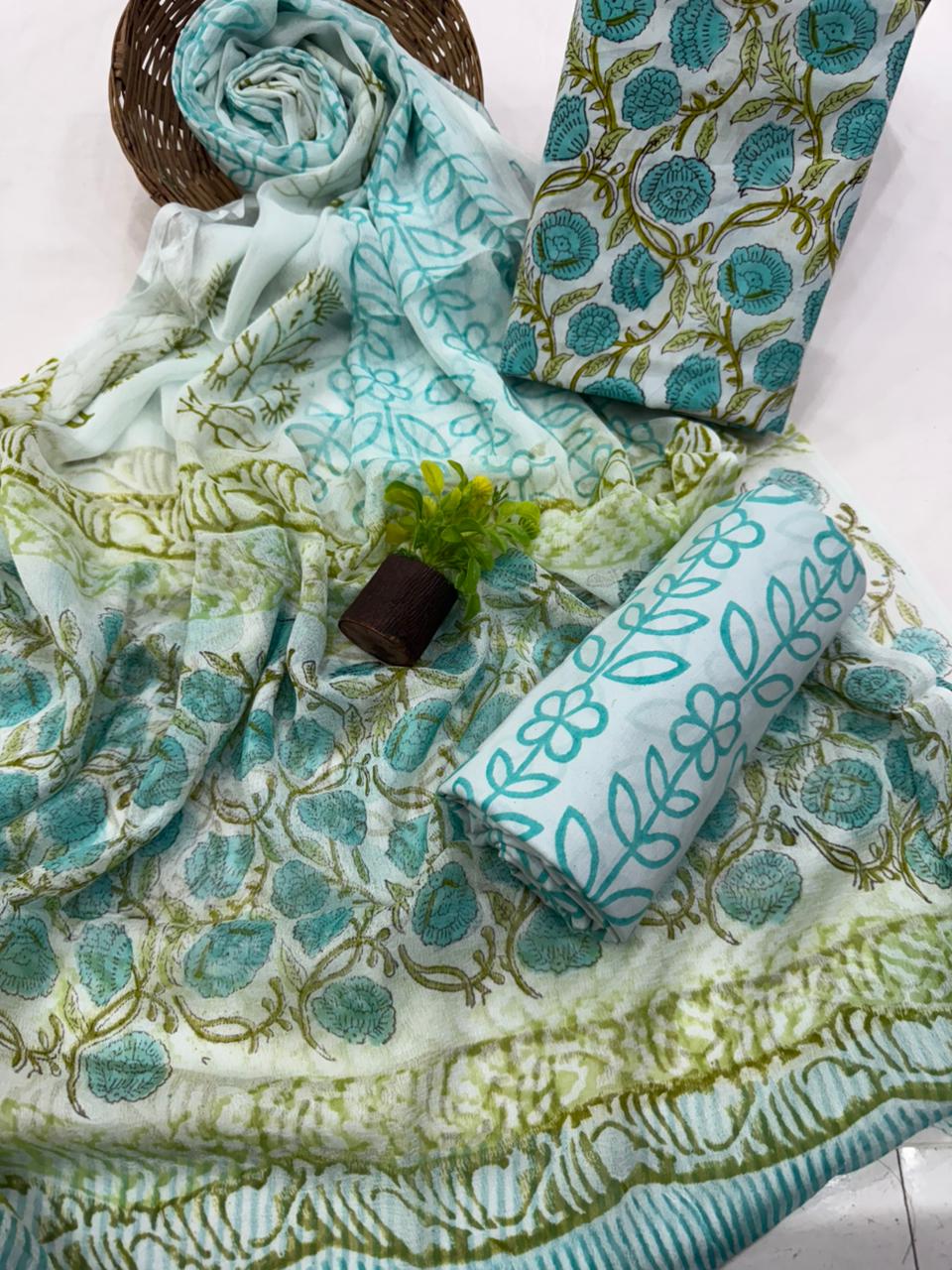 Elegant Handblock Printed Cotton Suit with Chiffon Dupatta 1200/- + Shipping