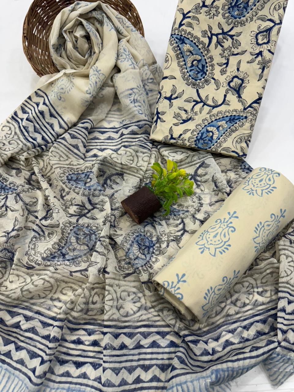 Elegant Handblock Printed Cotton Suit with Chiffon Dupatta 1200/- + Shipping