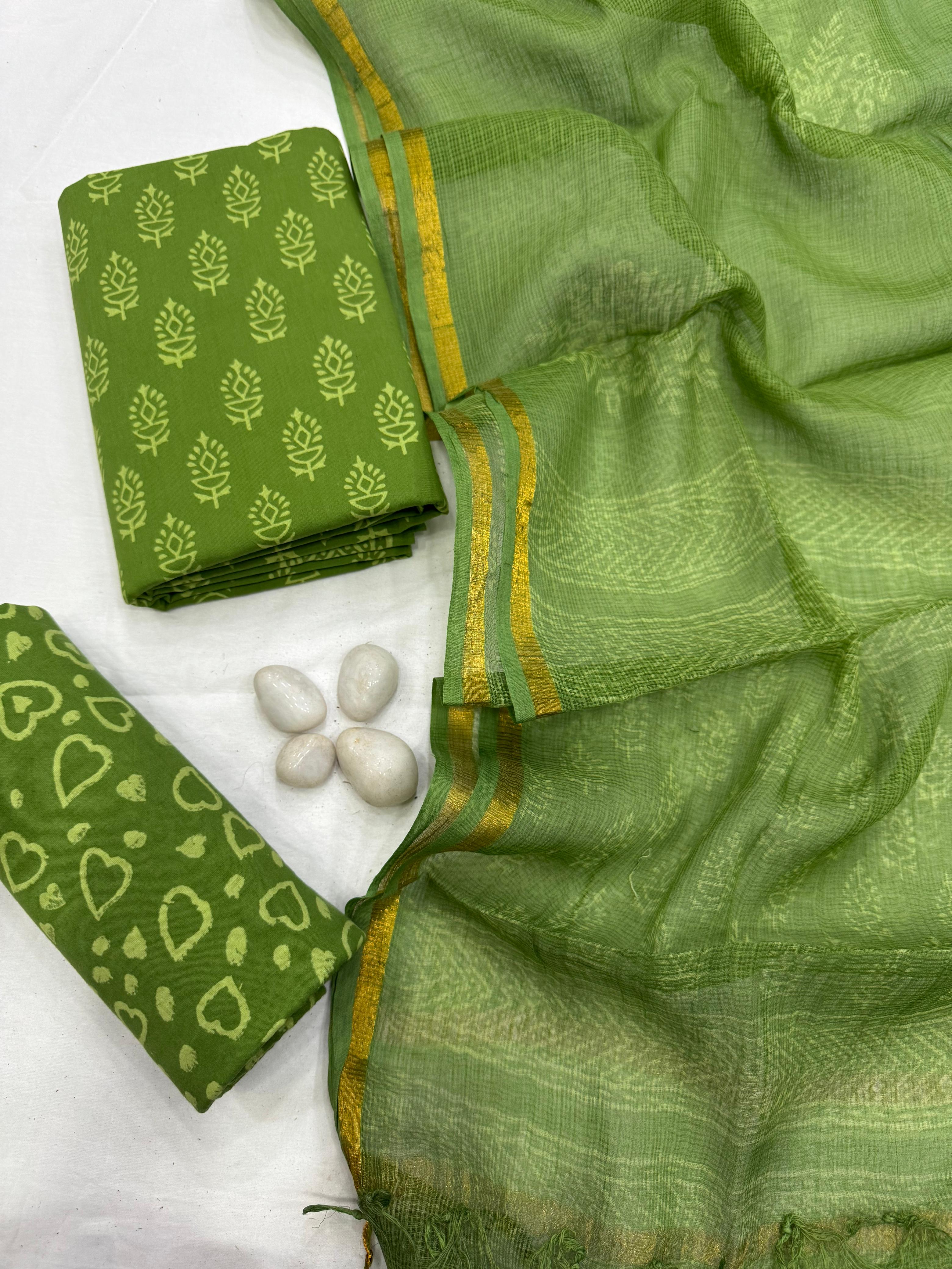 Green Handloom  Cotton Suit With Kota Doria dupatta 1600/- + Shipping