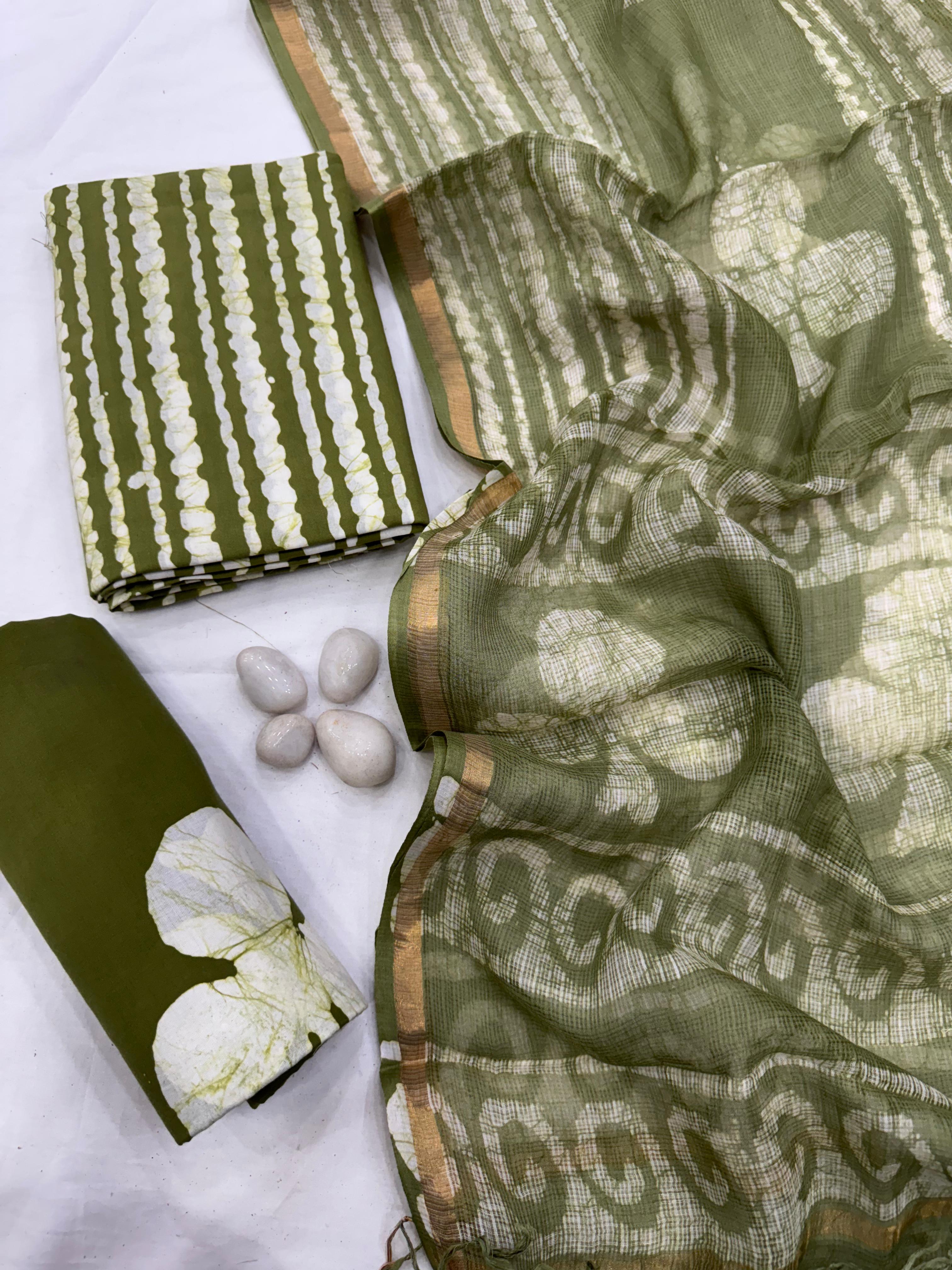 Handcrafted Green Printed Cotton Suit With Kota Doria dupatta 1600/- + Shipping