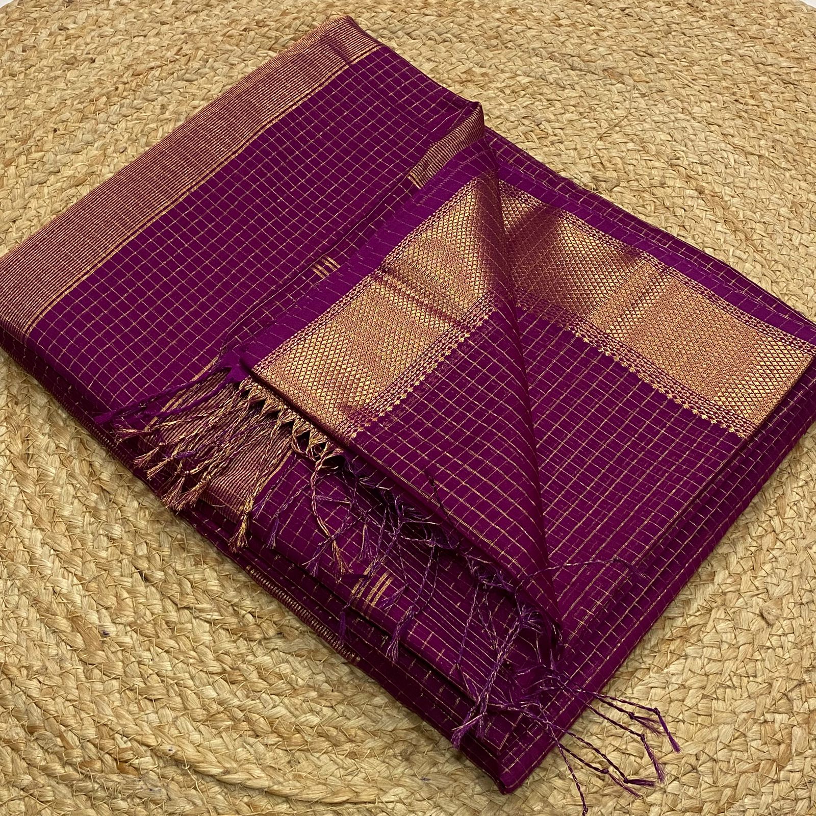Magenta Maheshwari Handloom Zari Border Saree with all over checks 3750/- + Shipping
