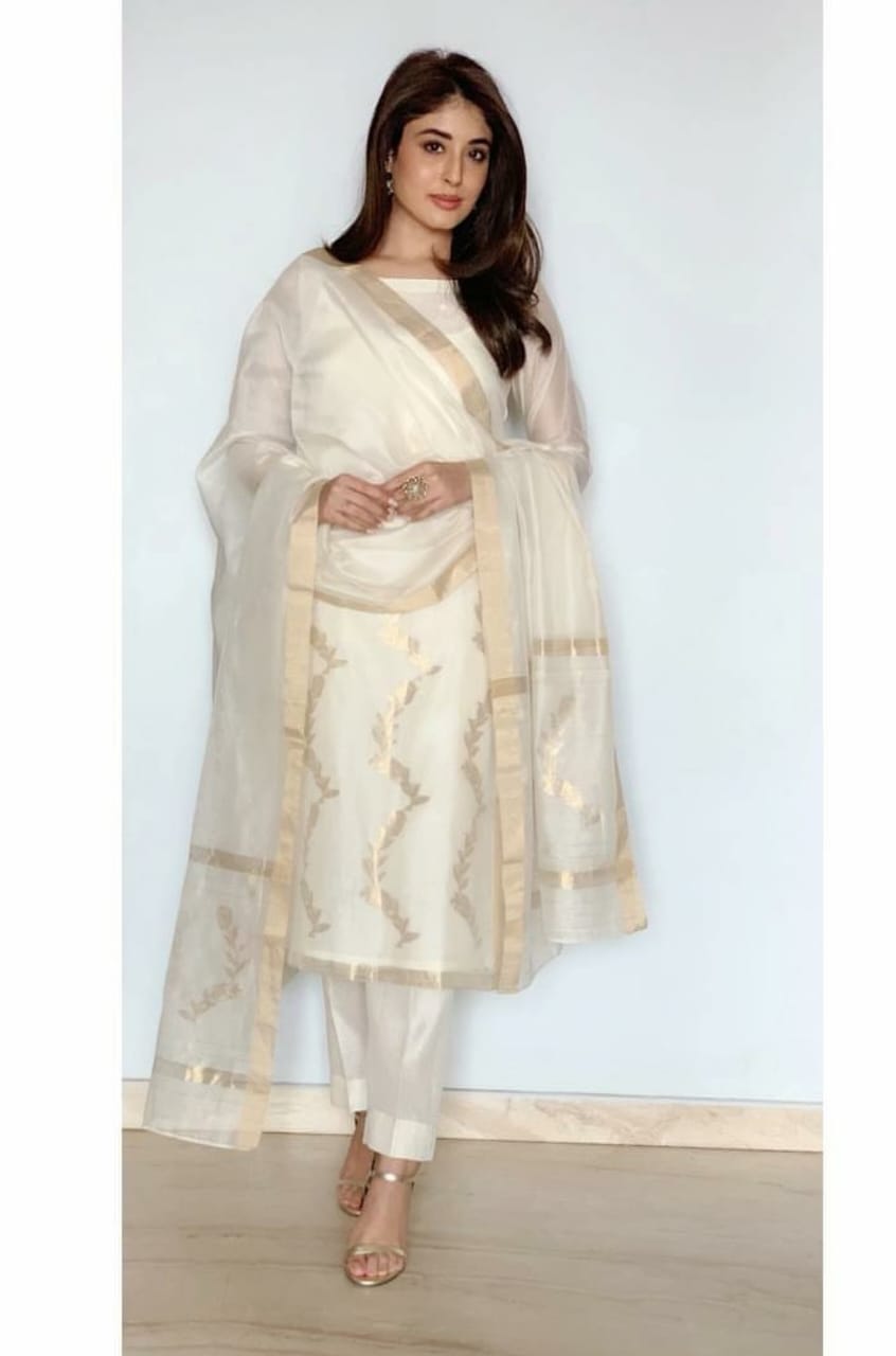 Elegant White Embroidered Handwoven Chanderi Salwar Suit 6000/- + Shipping